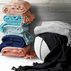 Peach Checkered Weave Fringe Throw