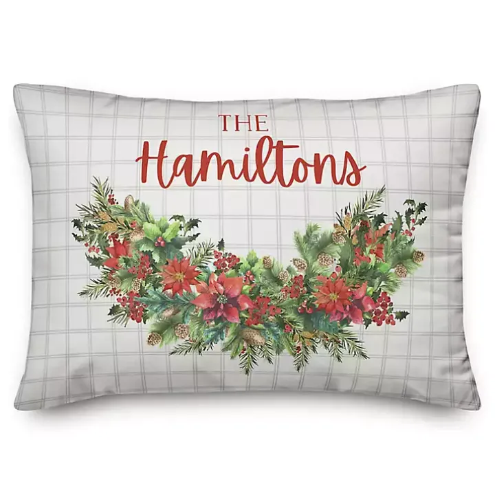 Personalized Holly Greenery Check Pillow
