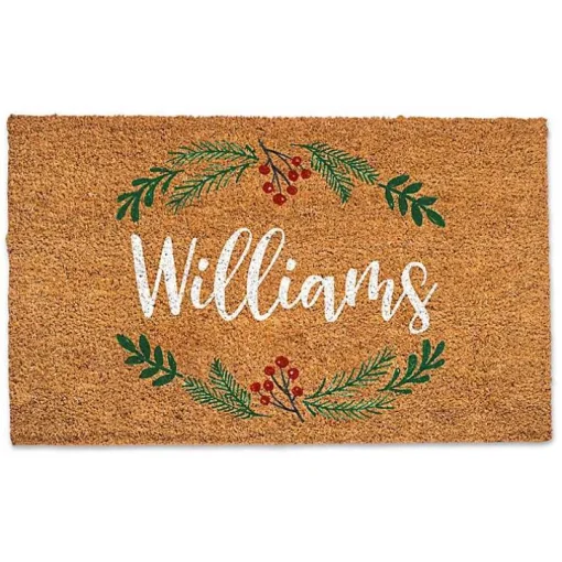 Personalized Holly Wreath Christmas Doormat