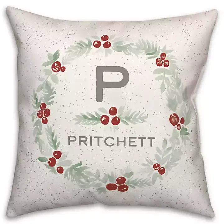 Personalized Monogram Holly Wreath Throw Pillow