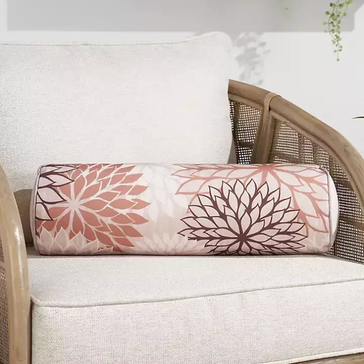 Pink and Beige Floral Outdoor Bolster Pillow