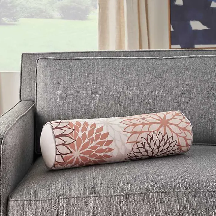 Pink and Beige Floral Outdoor Bolster Pillow