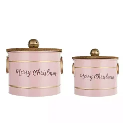Pink Iron Merry Christmas Lidded Baskets, Set of 2
