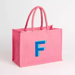 Pink Monogram F Jute Tote Bag