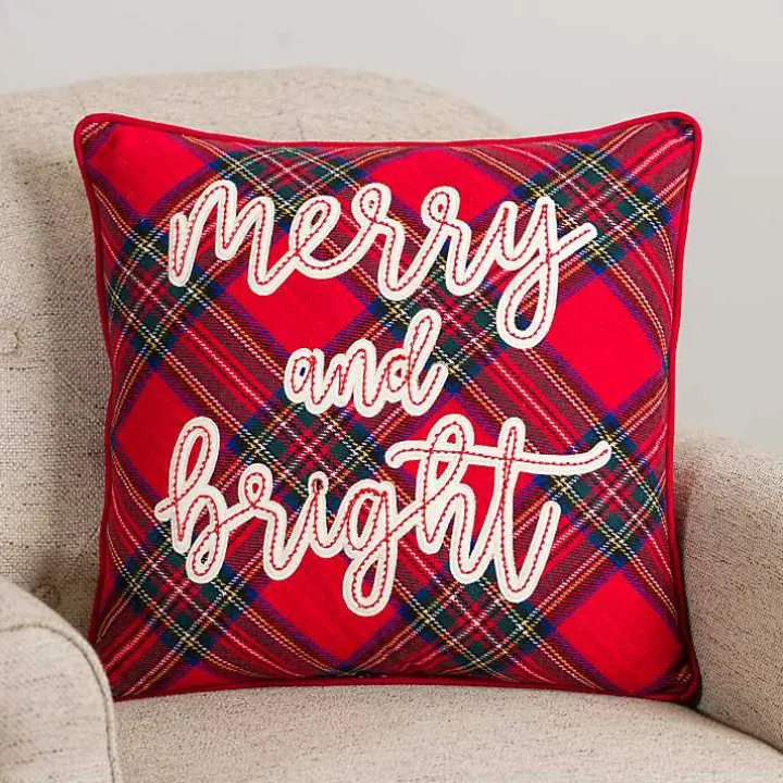 Plaid Embroidered Merry and Bright Pillow