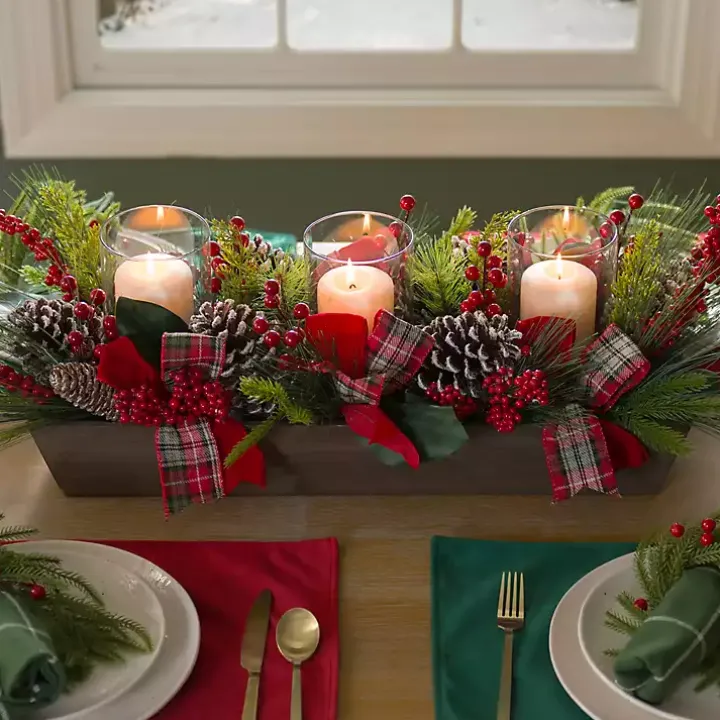 Plaid Ribbon and Berries Candle Centerpiece