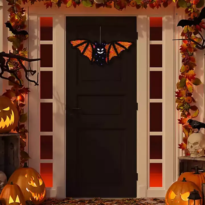 Pre-Lit Black and Orange Outdoor Bat Decoration