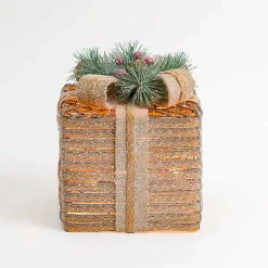 Pre-Lit Braided Burlap Christmas Gift Box, 8 in.
