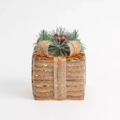 Pre-Lit Braided Burlap Christmas Gift Box, 6 in.