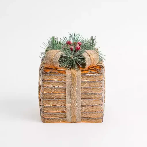 Pre-Lit Braided Burlap Christmas Gift Box, 6 in.