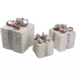 Pre-Lit Frosted White Rattan Gift Boxes, Set of 3