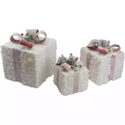 Pre-Lit Frosted White Rattan Gift Boxes, Set of 3