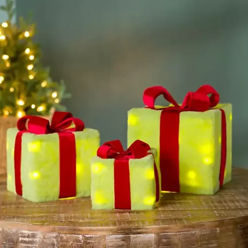 Pre-Lit Green Whimsical Christmas Gift Box, 6 in.