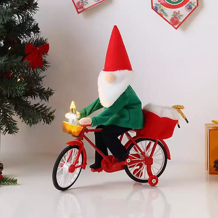 Pre-Lit Moving Christmas Gnome Bicycle Figurine