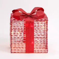 Pre-Lit Red Iridescent Christmas Gift Box, 10 in.