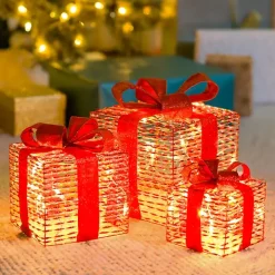 Pre-Lit Red Iridescent Christmas Gift Box, 10 in.