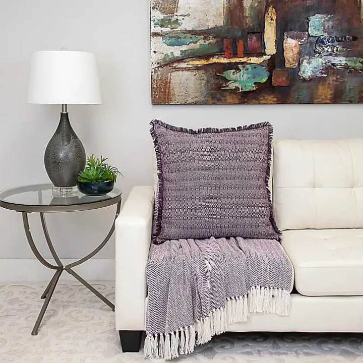 Purple Woven Stripes Fringe Pillow