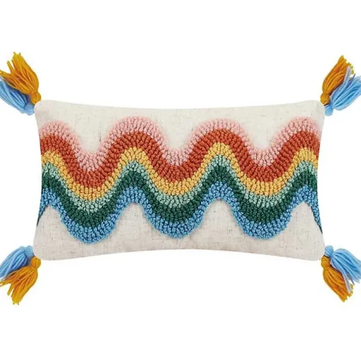Rainbow Wave Hooked Wool Lumbar Pillow
