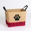 Red and Black Plaid Paw Print Jute Bin