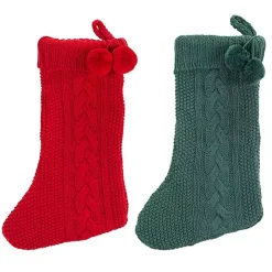 Red and Green Cable Knit Stockings, Set of 2