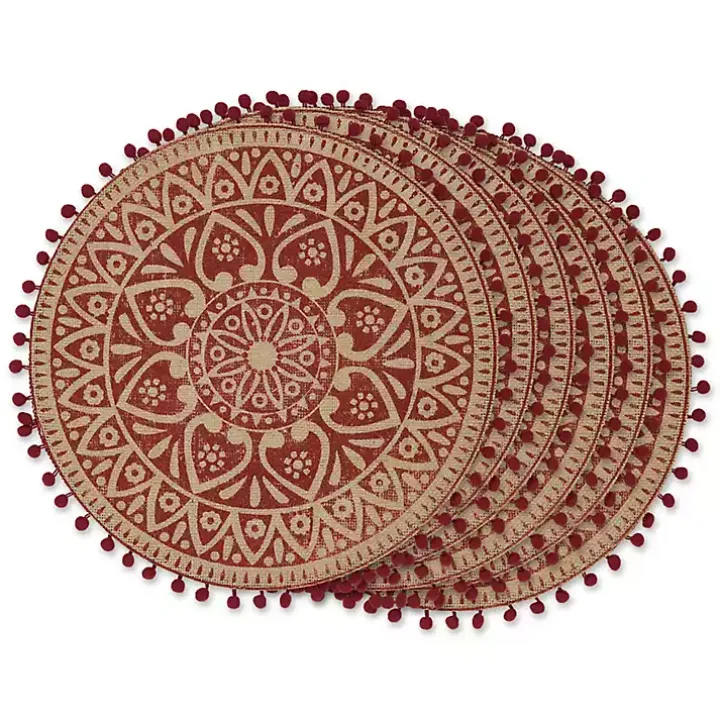 Red and Natural Print Round Placemats, Set of 6
