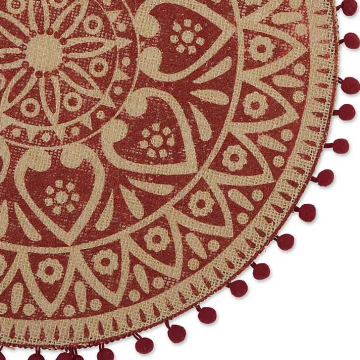 Red and Natural Print Round Placemats, Set of 6