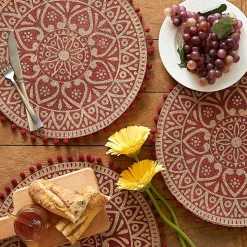 Red and Natural Print Round Placemats, Set of 6