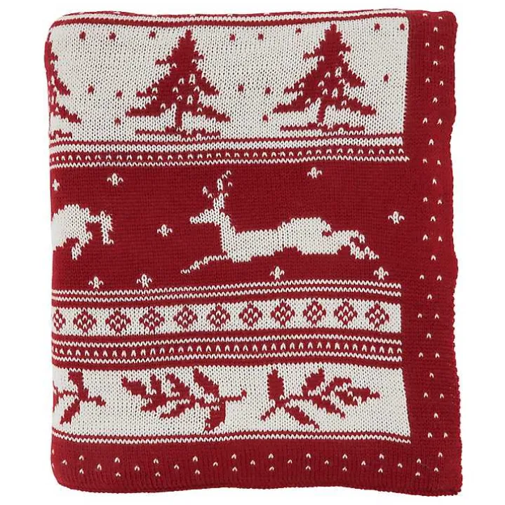Red and White Stripe Reindeer Christmas Knit Throw