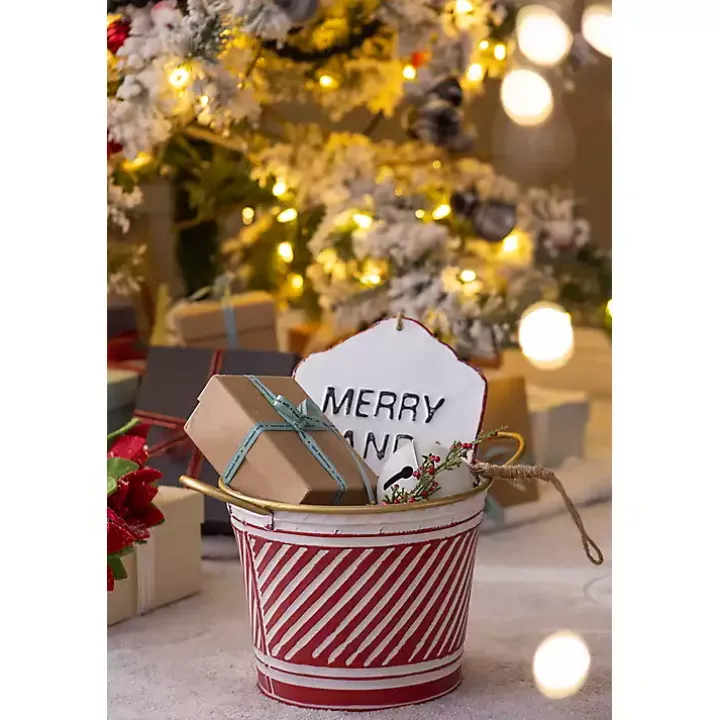 Red and White Striped Christmas Tin Container