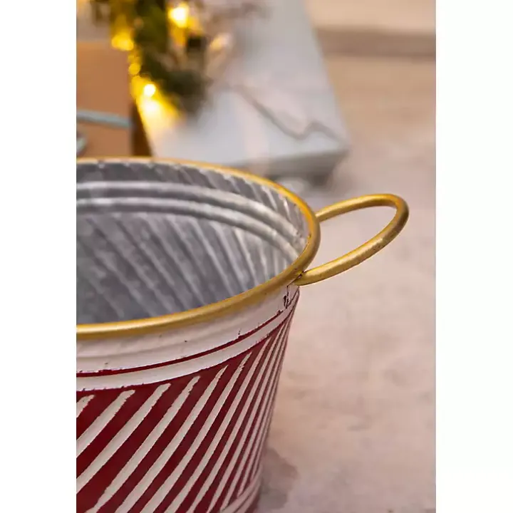 Red and White Striped Christmas Tin Container
