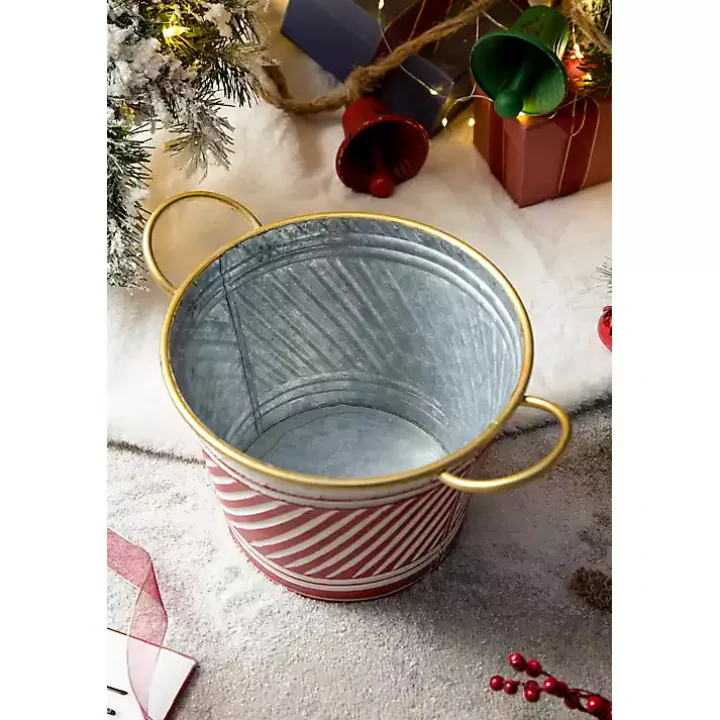 Red and White Striped Christmas Tin Container