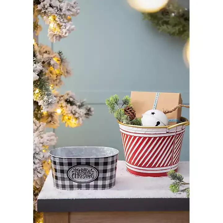 Red and White Striped Christmas Tin Container
