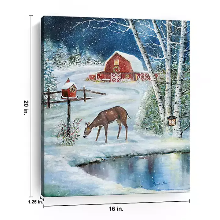 Red Barn with Deer Canvas Art Print