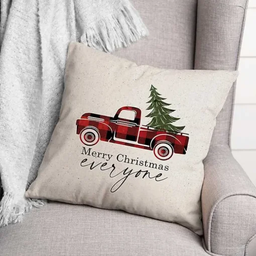 Red Buffalo Check Merry Christmas Truck Pillow