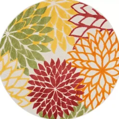 Red Floral Burst Outdoor Round Area Rug, 5 ft.