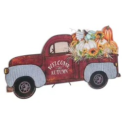 Red Pickup Truck Filled with Pumpkins Easel