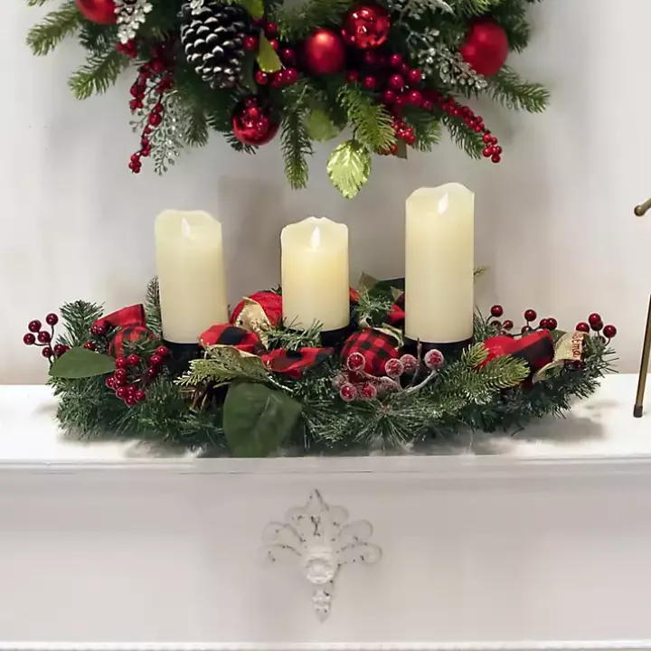 Red Plaid Ornaments and Pine Candle Centerpiece