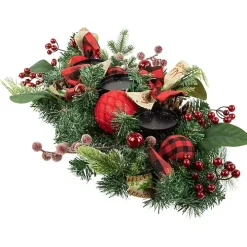 Red Plaid Ornaments and Pine Candle Centerpiece