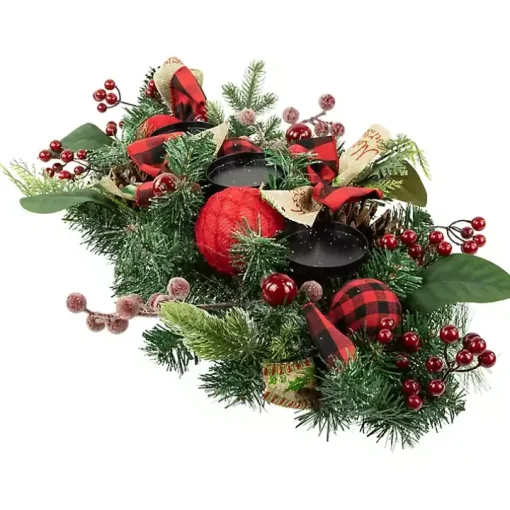 Red Plaid Ornaments and Pine Candle Centerpiece