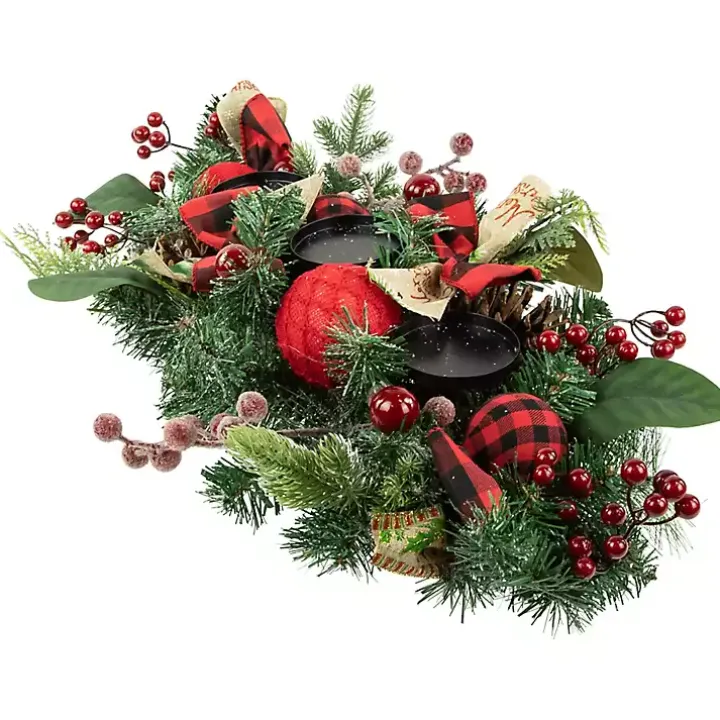 Red Plaid Ornaments and Pine Candle Centerpiece