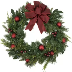 Red Velvet Ribbon and Ornaments Pre-Lit Wreath