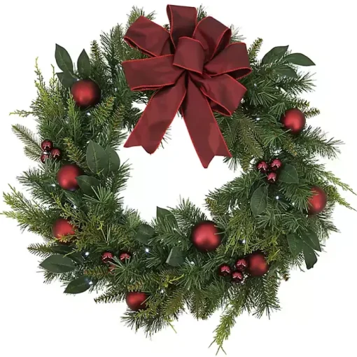 Red Velvet Ribbon and Ornaments Pre-Lit Wreath