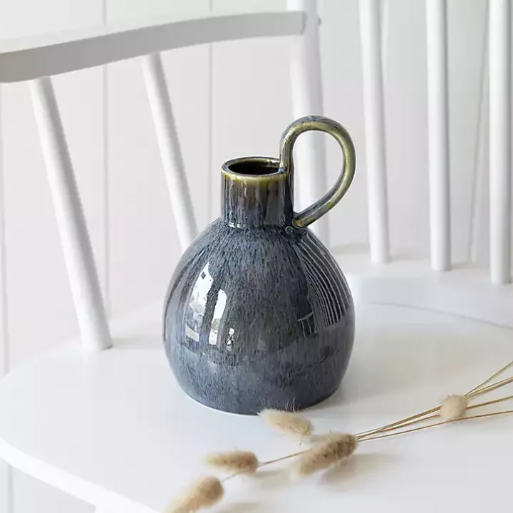 Round Blue Oversized Handle Jug Vase