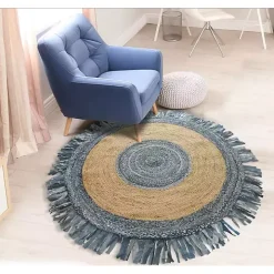 Round Braided Jute and Denim Area Rug, 3x3