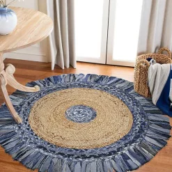 Round Braided Jute and Denim Area Rug, 3x3
