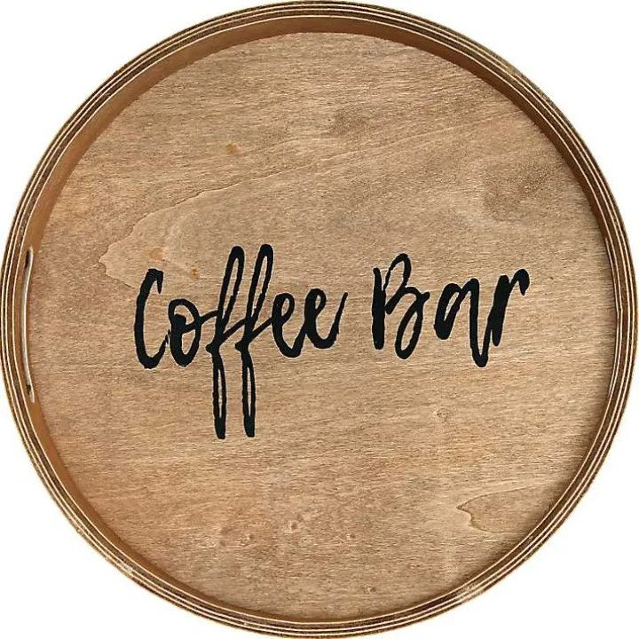 Round Brown Wood Coffee Bar Tray