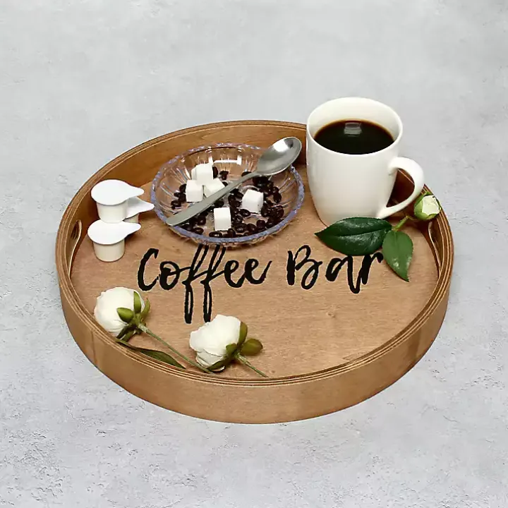 Round Brown Wood Coffee Bar Tray
