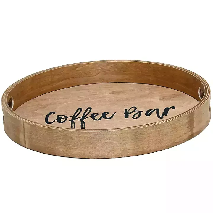 Round Brown Wood Coffee Bar Tray