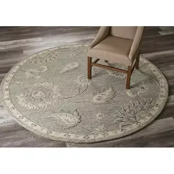 Round Gray and Blue Botanical Area Rug, 4x4