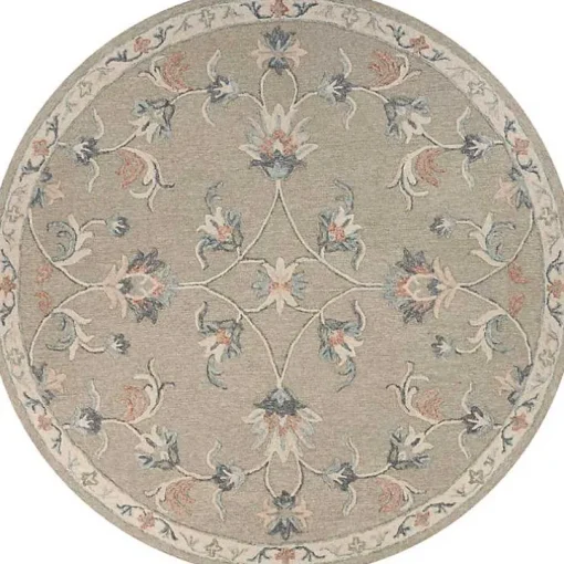 Round Gray Traditional Floral Area Rug, 4x4